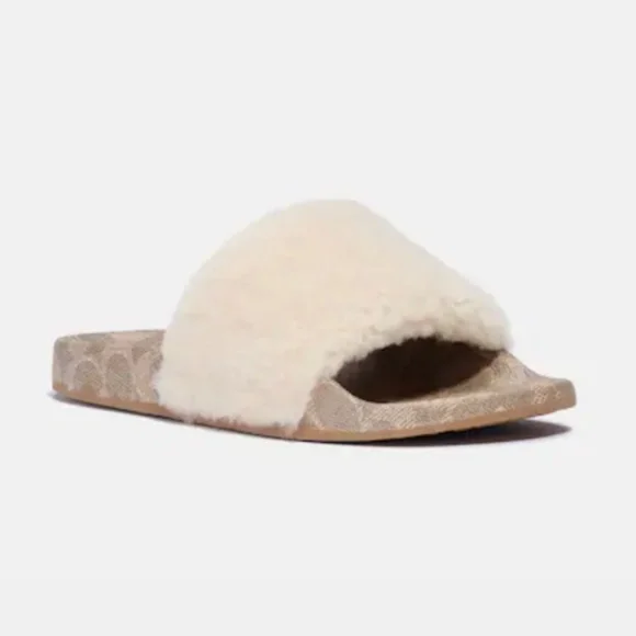 COACH ULLA SLIDE PLUSH SHEARLING SIGNATURE CANVAS SIZE 9 - Picture 2 of 10